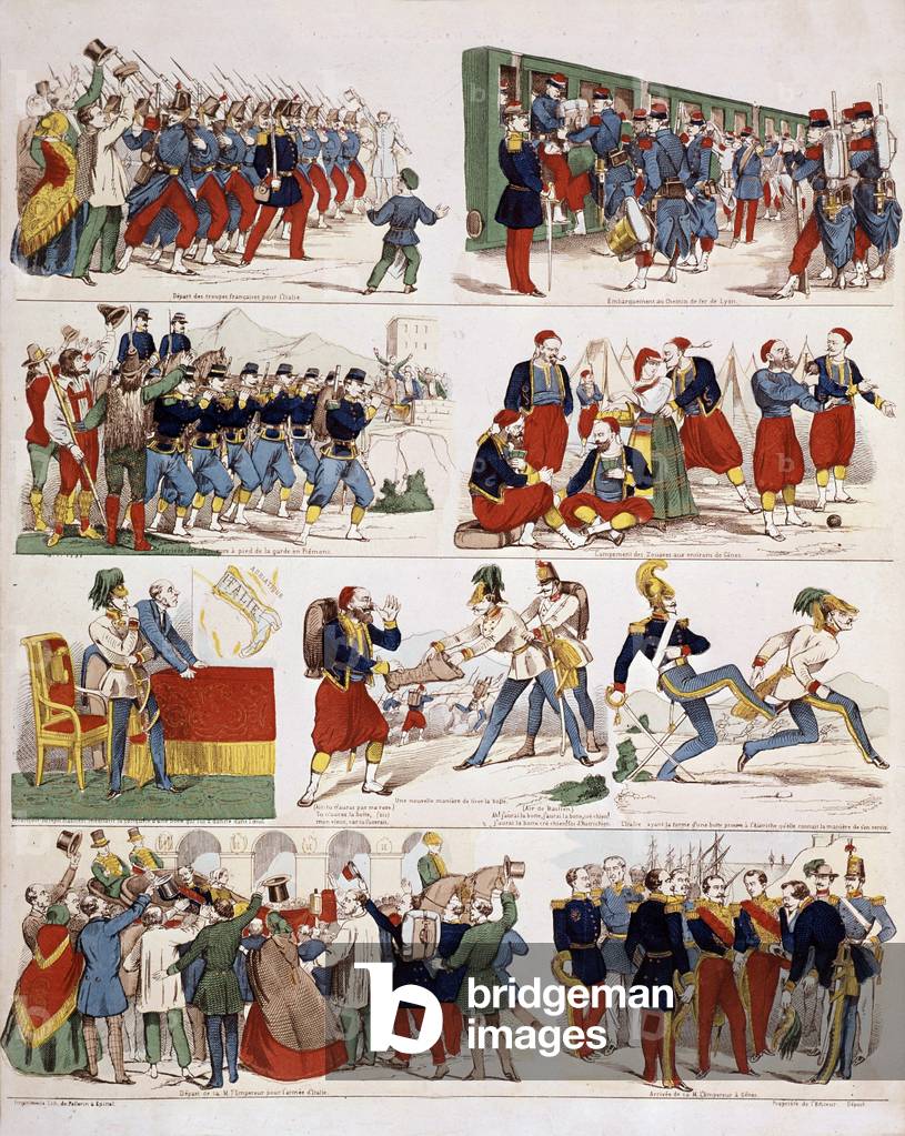 The Frenches in Piemont (Italy) in 1859, engraving (French army is going to fight Austrians)