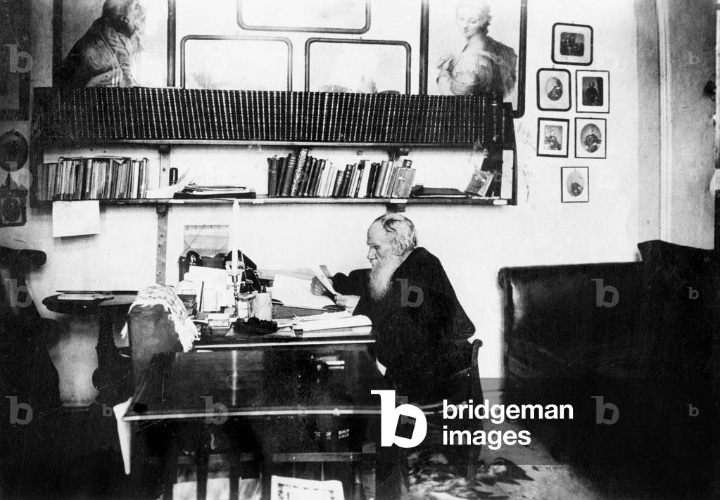 Leo Tolstoy (1828-1910) russian writer, in his office c. 1909