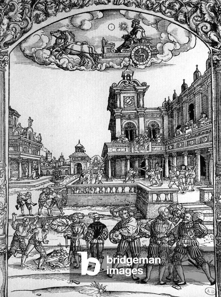 Calendar showing a game ancestor of football, 16th century, engraving