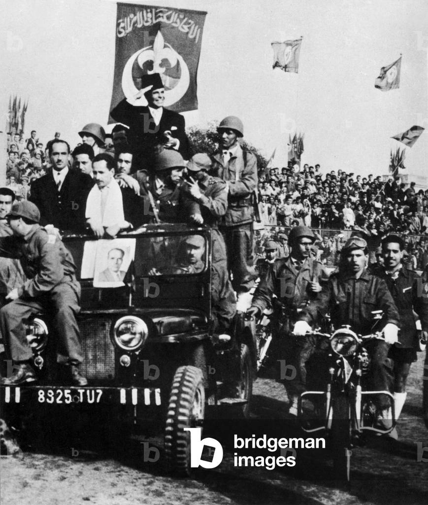 On march 20, 1956 in Tunis entrance of president Habib Bourguiba in stadium to celebrate independence of Tunisia