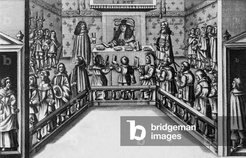 French king Louis XIV dispensing justice, engraving, 1668