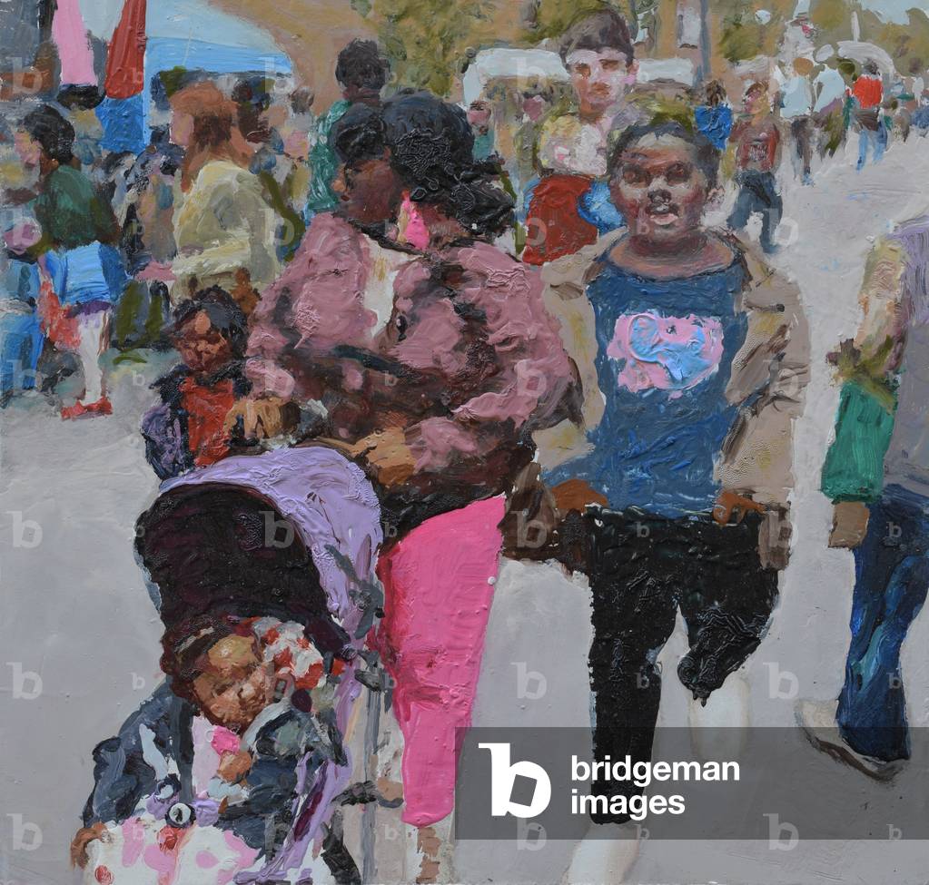 Family shopping (Deptford, London), 2018 (oil on board)