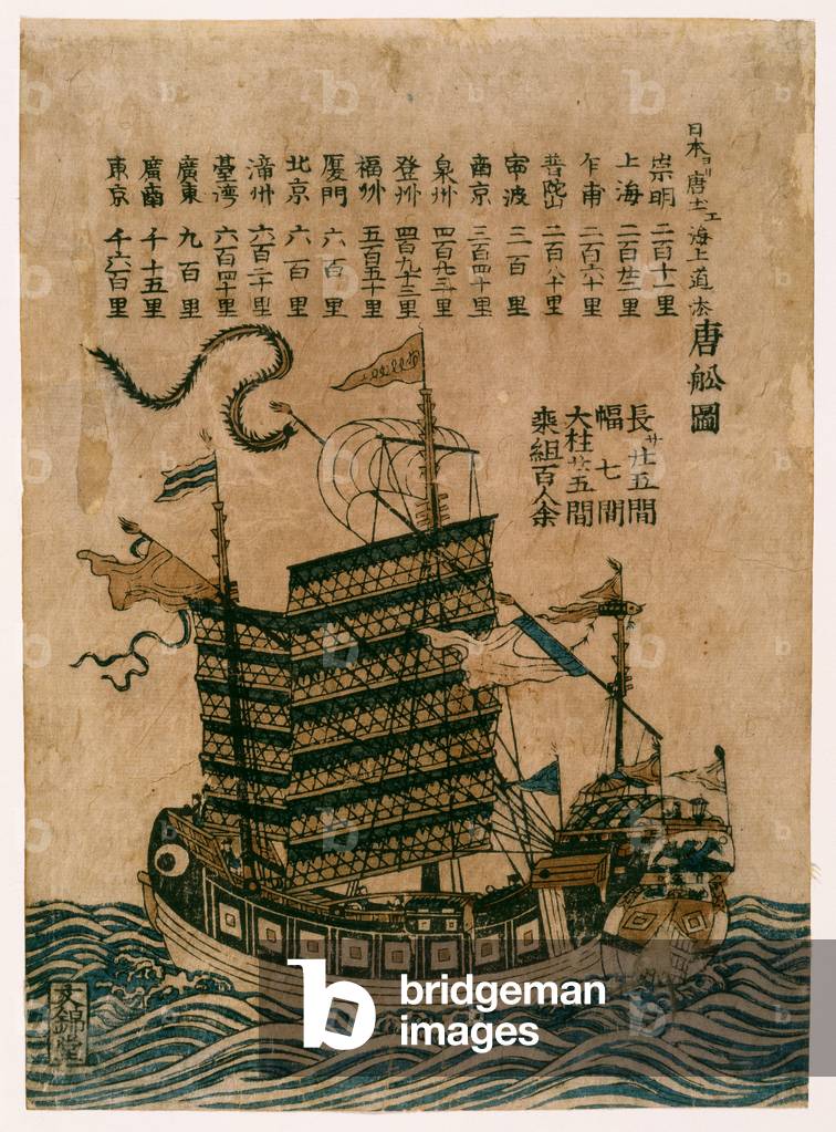 Chinese Ship (Tosen Zu) with Listing of the Sea Route from China to Japan, c.1850 (colour woodblock print)