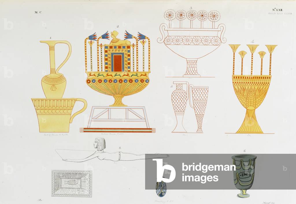Gold vessels and glass jars from Theban tomb (colour litho)