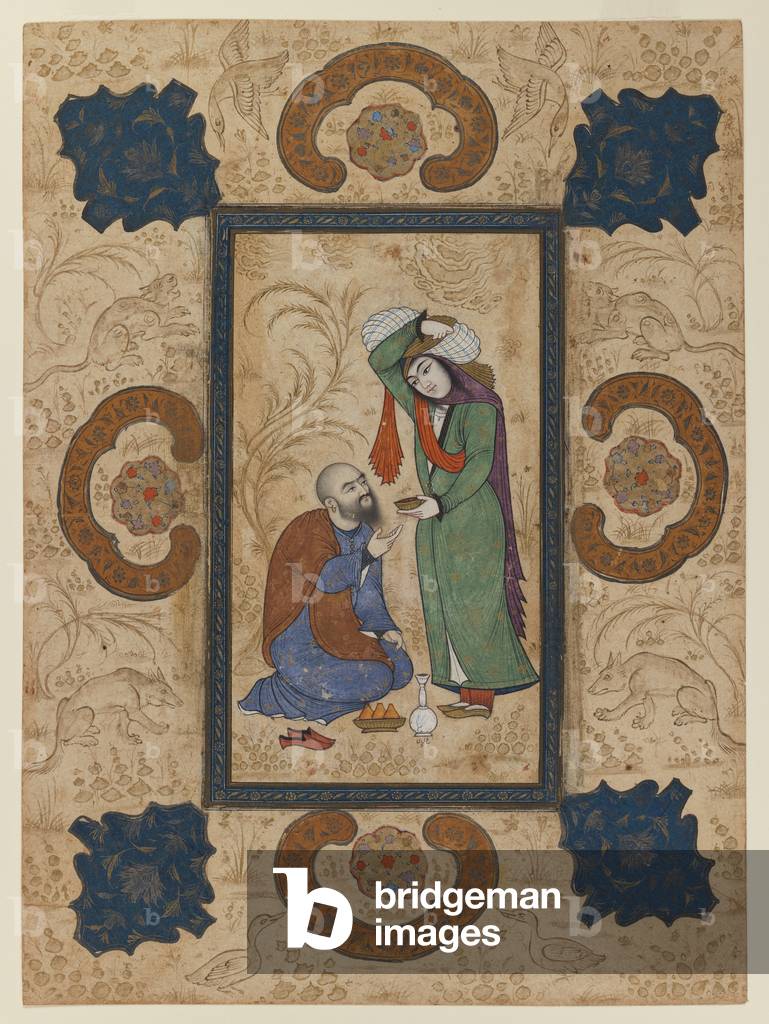 Young woman offering wine to a sage (ink & opaque w/c on paper)