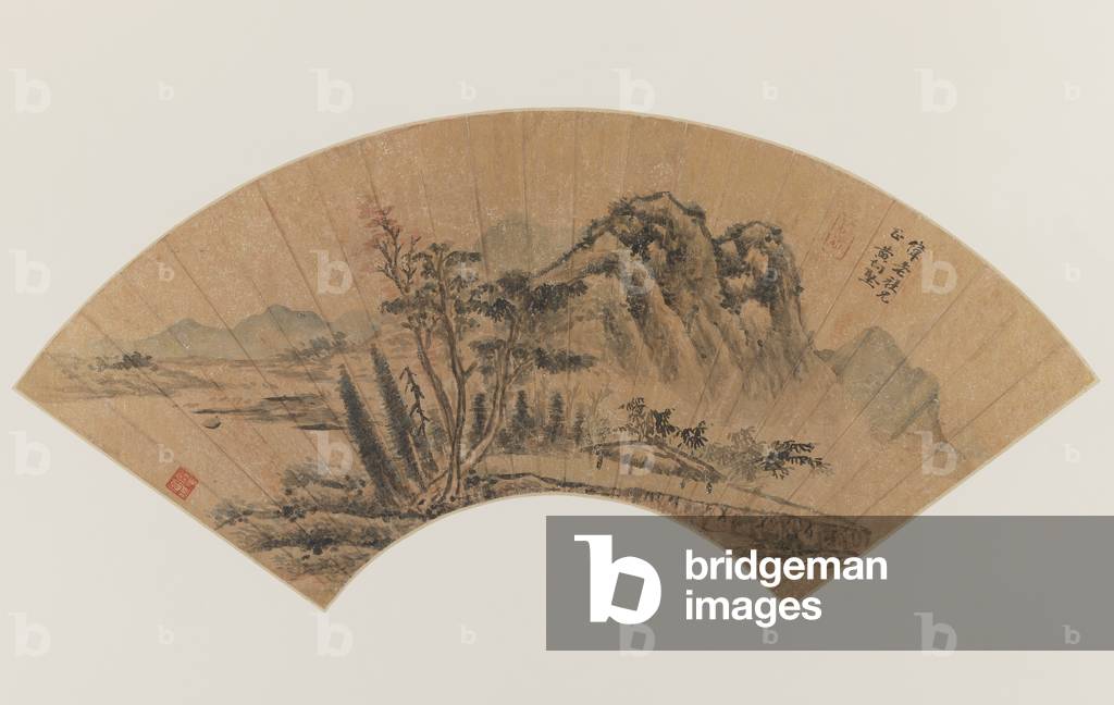 Landscape painted on a fan (ink & colour on gold-flecked paper)