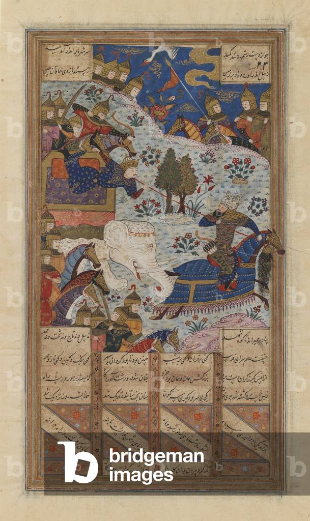 Rustam Lassoes the Khagan of China, Folio from a Manuscript of the Shah-Nama of Firdausi, late 15th-early 16th century (ink, opaque w/c & gold on paper)