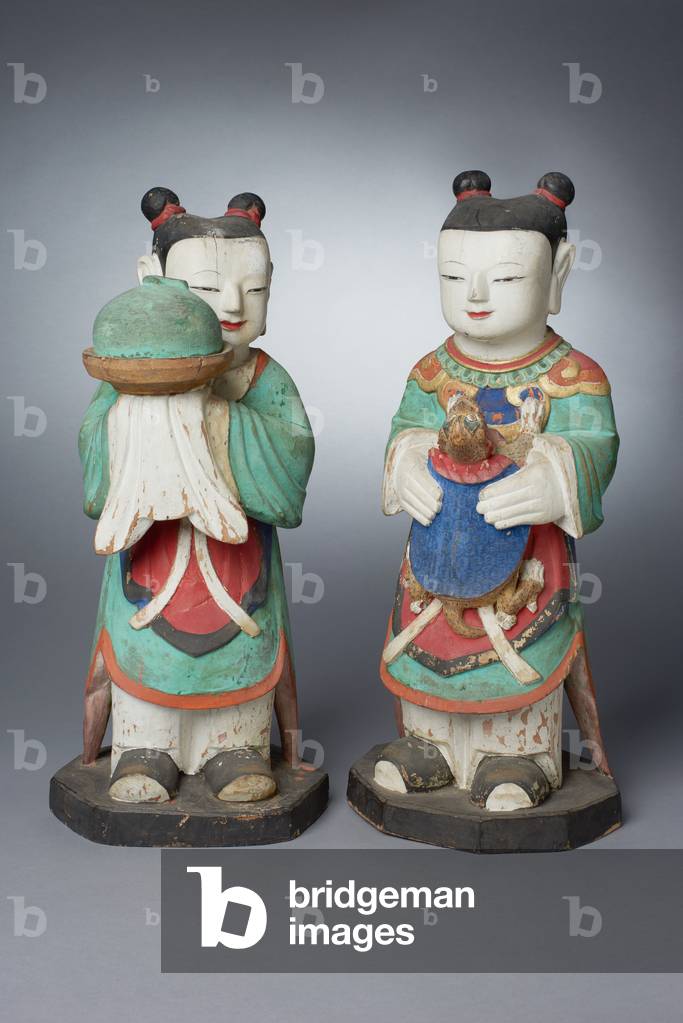 Boy Attendants (Dong-ja), Pair of Figures, 18th century (polychromed wood)
