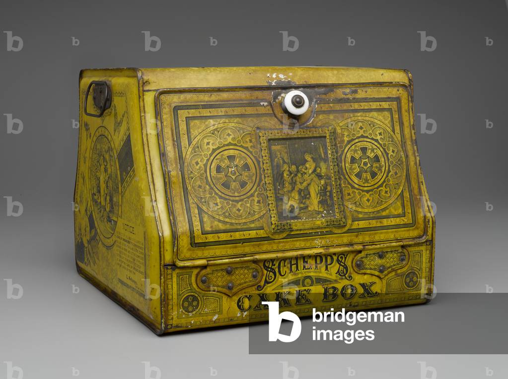 Cake Box, made for NY Schepp's Coconut by Sommers Brothers, Patented April 29, 1879 (printed metal & porcelain)
