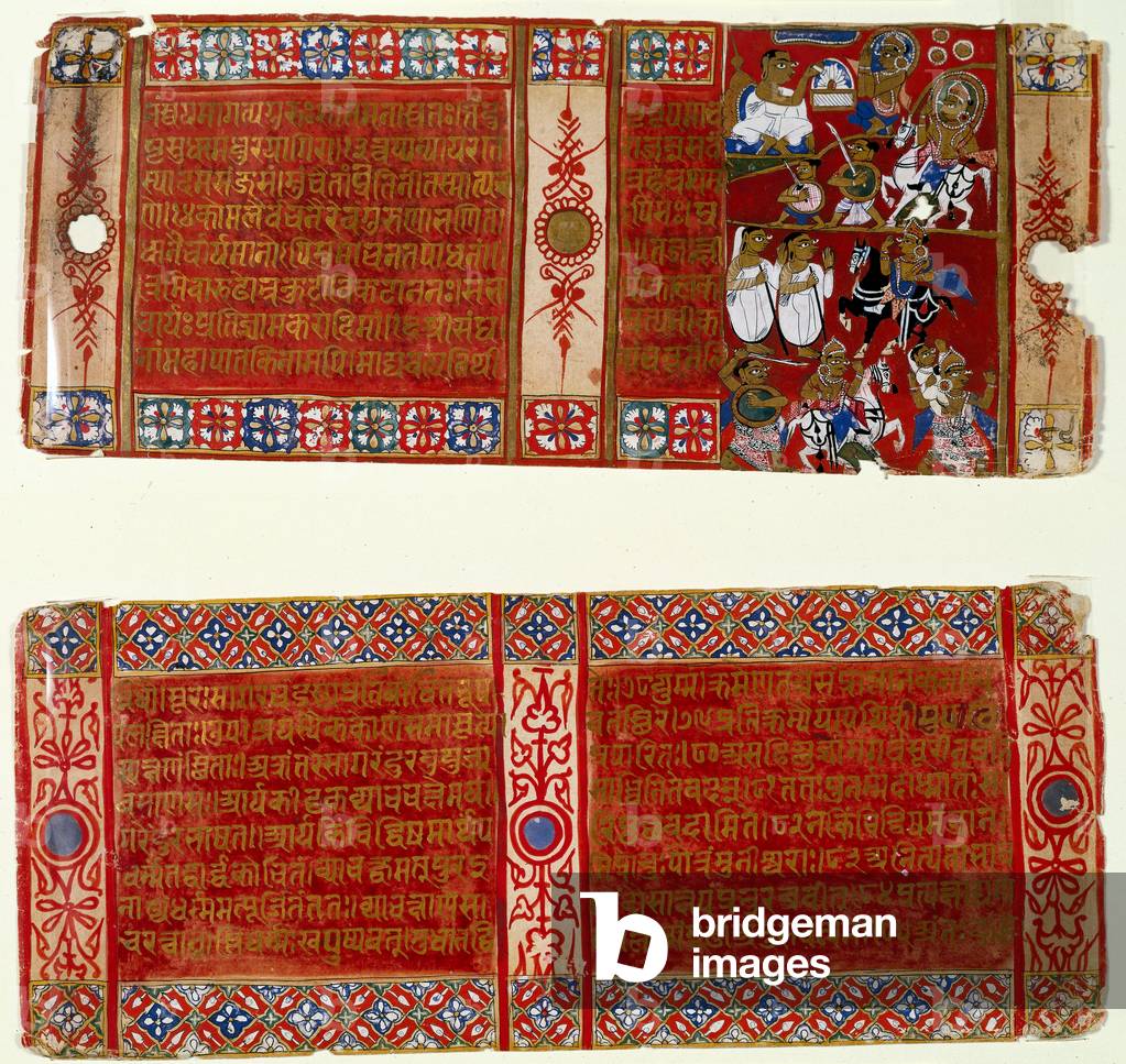 Kalaka Becomes a Jain Monk; Kalaka Abducts the Nun, two leaves from a dispersed Jain manuscript of the Kalakacharya-katha, Uttar Pradesh, c.1465 (w/c & gold on paper)

