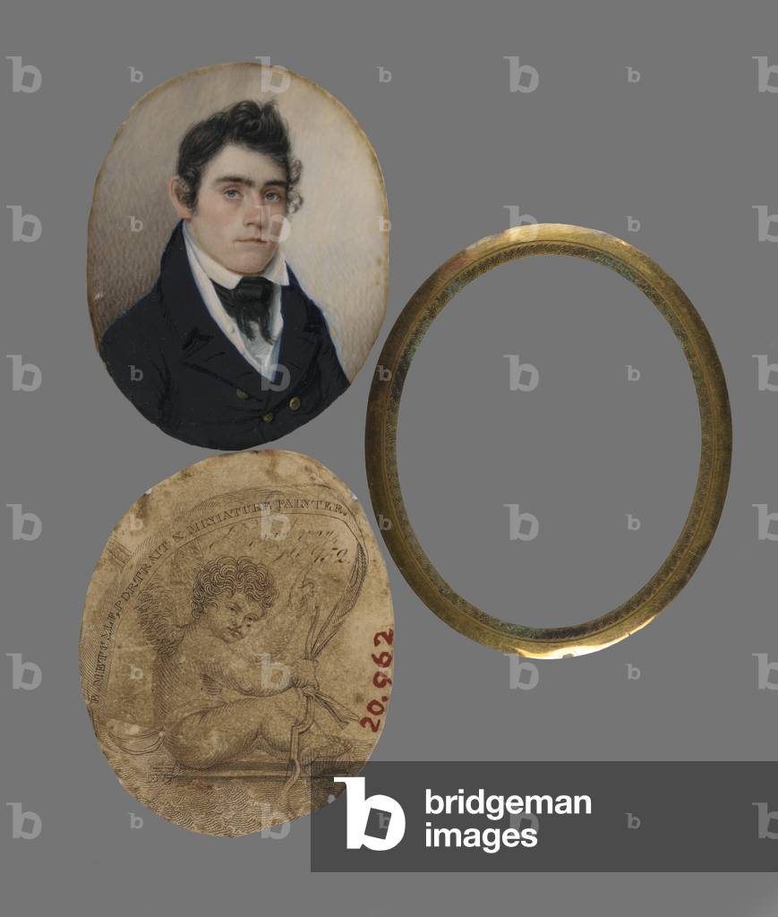 Portrait of John Haslett M.D., c.1822 (w/c on ivory portrait, printed business card (backing paper) & brass liner & lens)