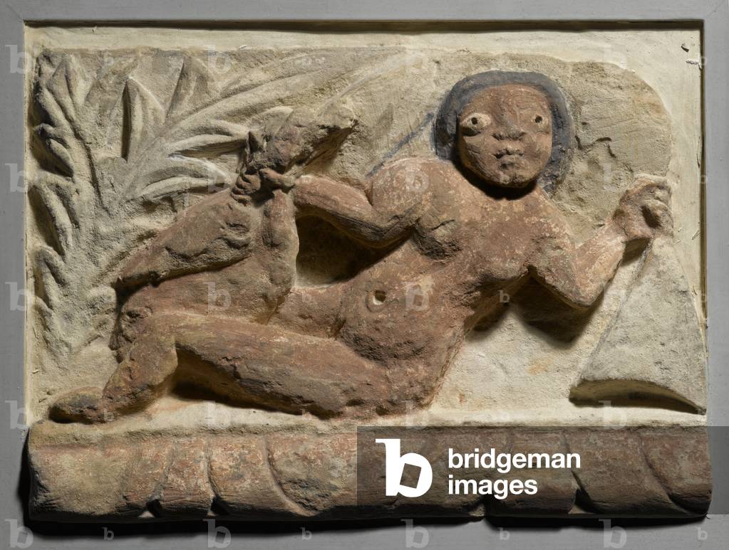 Frammento di fregio con Leda e il cigno, sec. IV-V (calcare dipinto)