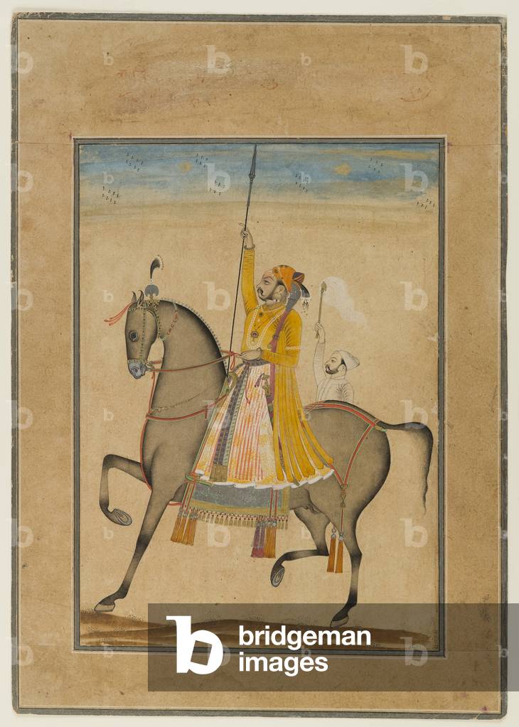 Equestrian Portrait of Maharaja Sujan Singh of Bikaner, 1747 (opaque w/c, silver & gold on paper)	