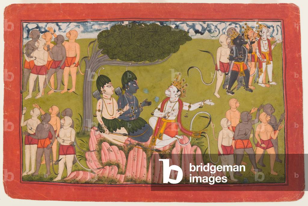 Rama and Lakshmana confer with Sugriva about the search for Sita, folio from a dispersed Ramayana series, c.1770-10 (w/c on paper)