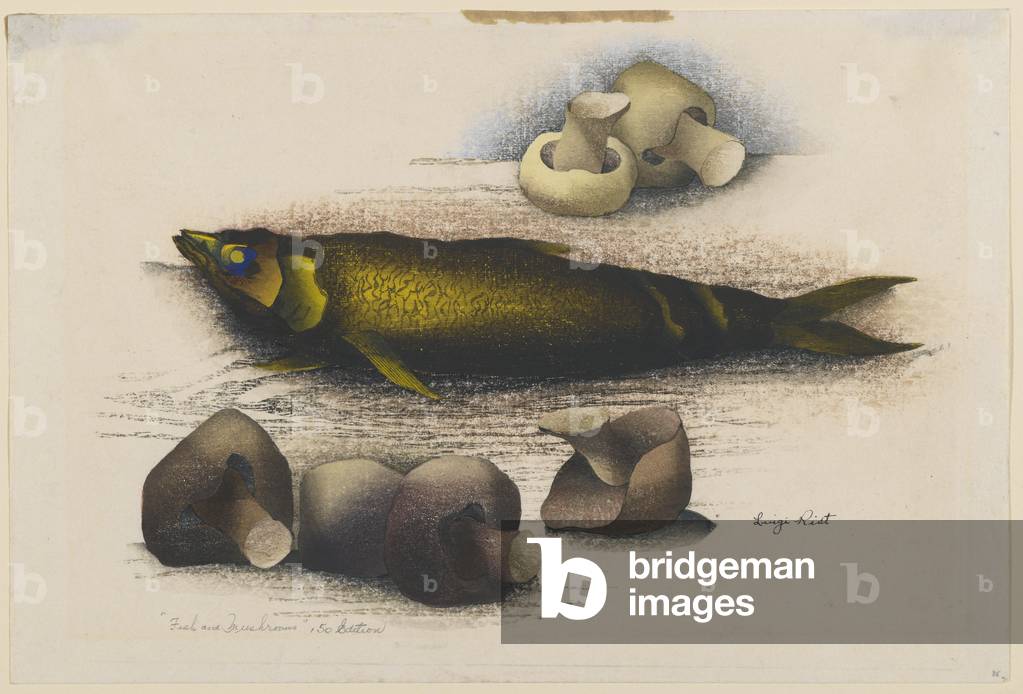 Fish and Mushrooms (colour woodcut)