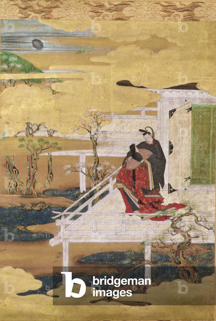 Scene from the Tale of Genji (ink colour & gold leaf on paper)