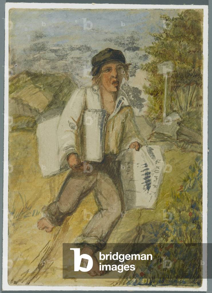Newspaper Boy, 1864 (w/c over black media underdrawing)