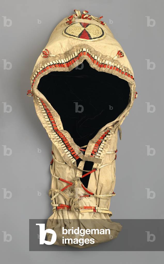 Cradle Board with Quill Work, made by the Arapaho people, c.1870s (muslin, willow, porcupine quill and deer hide)