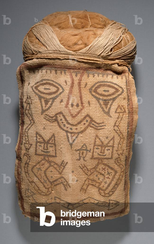 False head for burial bundle or mummy mask, 200-100 B.C. (cotton & pigments)
