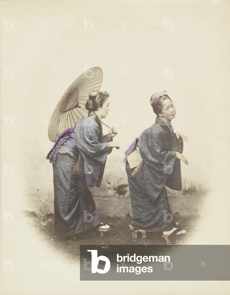 Japanese women in traditional dress (hand-coloured b/w photo)