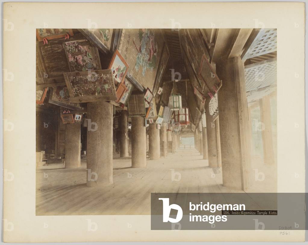 Inside Kiyomidzu Temple, Kyoto, Japan (hand-coloured b/w photo)