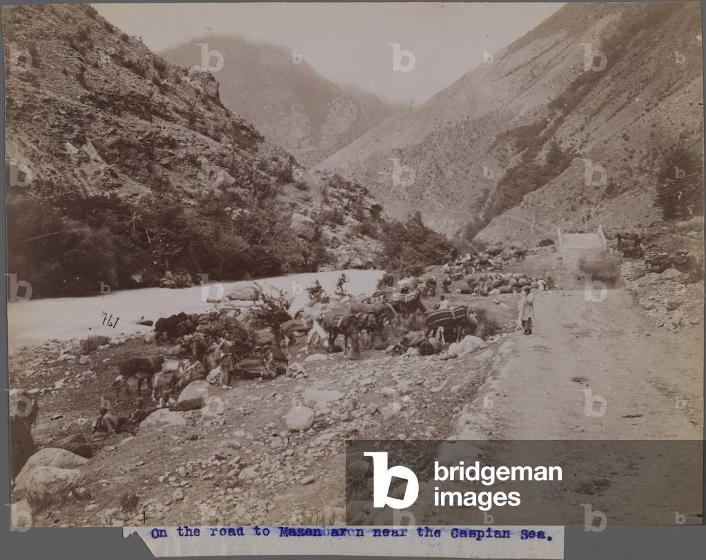 On the road to Mazenbaron near the Caspian Sea, late 19th-early 20th century (b/w photo)