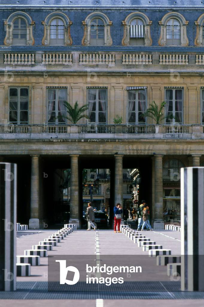 The columns of Daniel Buren, Jardins du Palais Royal, Paris. The columns that grid the court were added in 1986 following a public order from the Ministry of Culture.