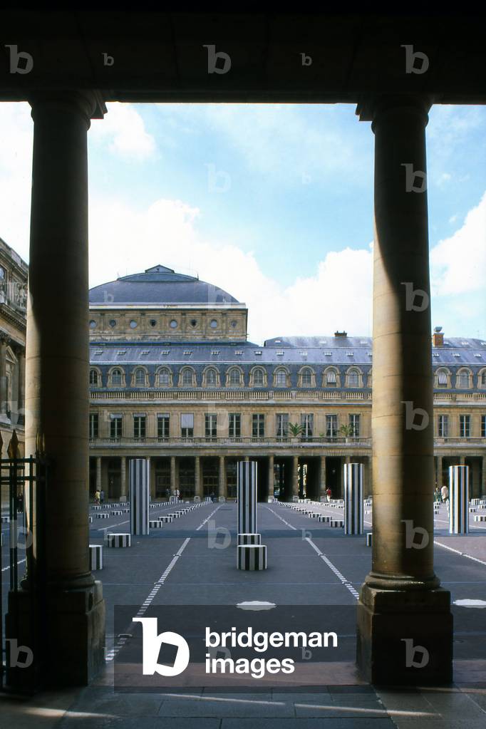 The columns of Daniel Buren, Jardins du Palais Royal, Paris. The columns that grid the court were added in 1986 following a public order from the Ministry of Culture.