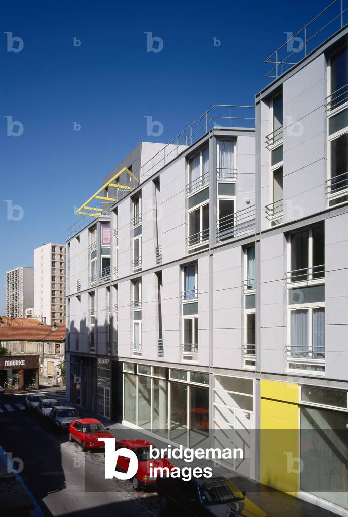 Social housing and creche, ilot rue de Thionville rue de crimee in Paris 75019. Architect Gilles Bouchez, 1990-1992. Photography 1992.