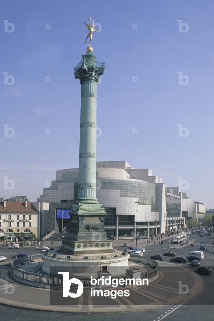 Place de la Bastille in Paris Column of July (1840) and Opera, architect Carlos Ott, construction 1989.