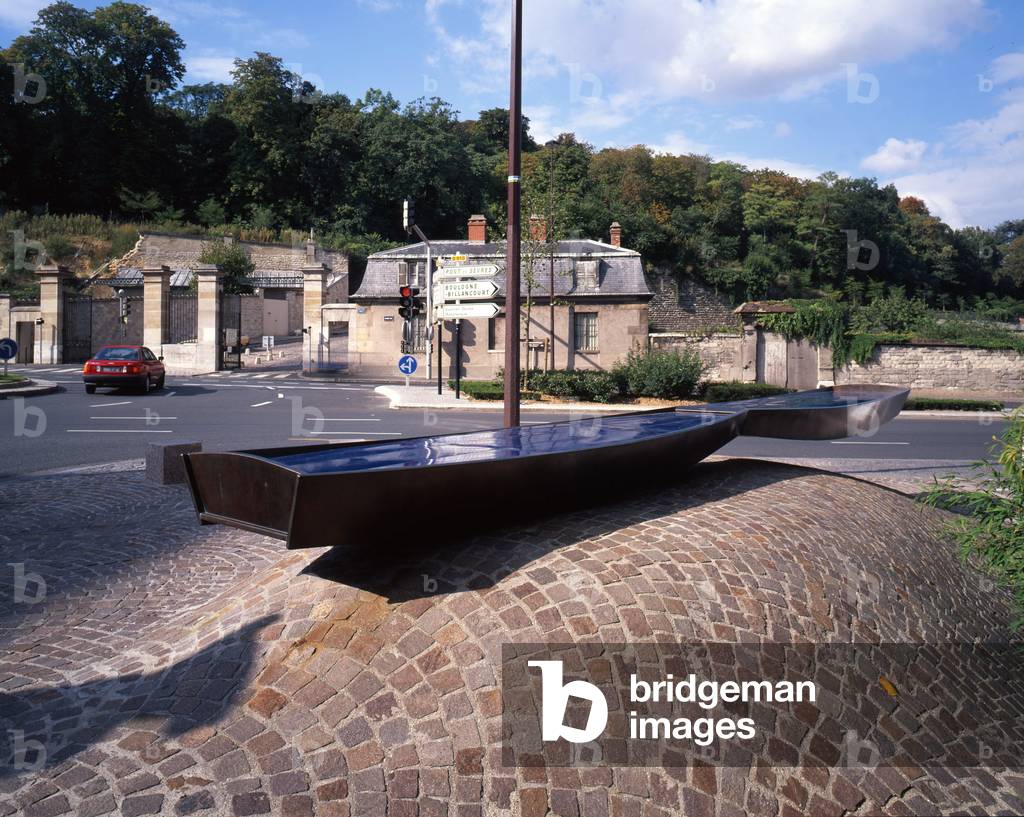 Manufactures: The boats of Marc Couturier ZAC, in Sevres. Architecture by Marc Couturier, 1992. Marc Couturier's boats are made of copper and covered with blue Sevres enamel. Photography 10/09/95