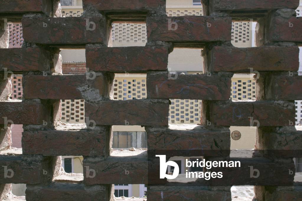 Detail of a claustra of a residential building in Chandigarh, India.