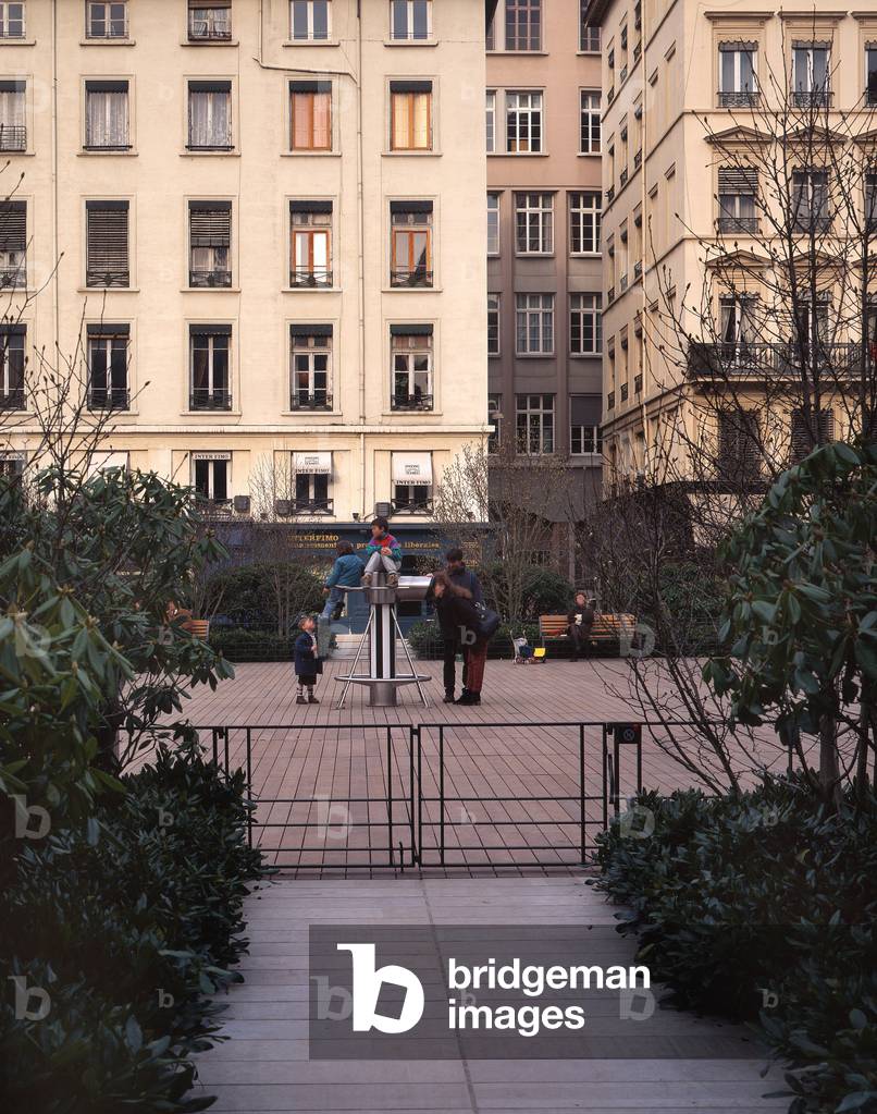 Place des Celestins in Lyon, Rhone, Rhone-Alpes (Rhone Alpes), France. Architecture by Michel Desvigne and Christine Dalnoky, 1995.