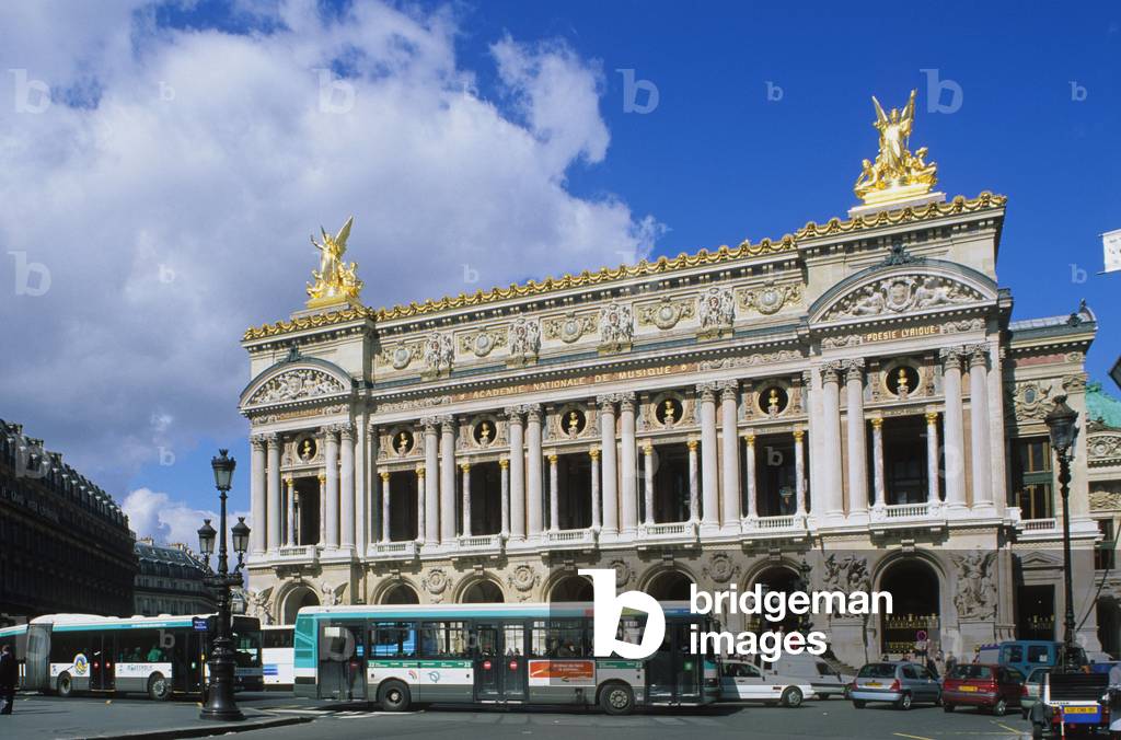The Opera Garnier, Place de l'Opera in Paris 9th. Architect Charles Garnier (1825-1898), construction 1862-1875. The Opera or the National Academy of Music and Dance represents the best architectural expression of the Napoleon III style, eclectic, baroque, overload.