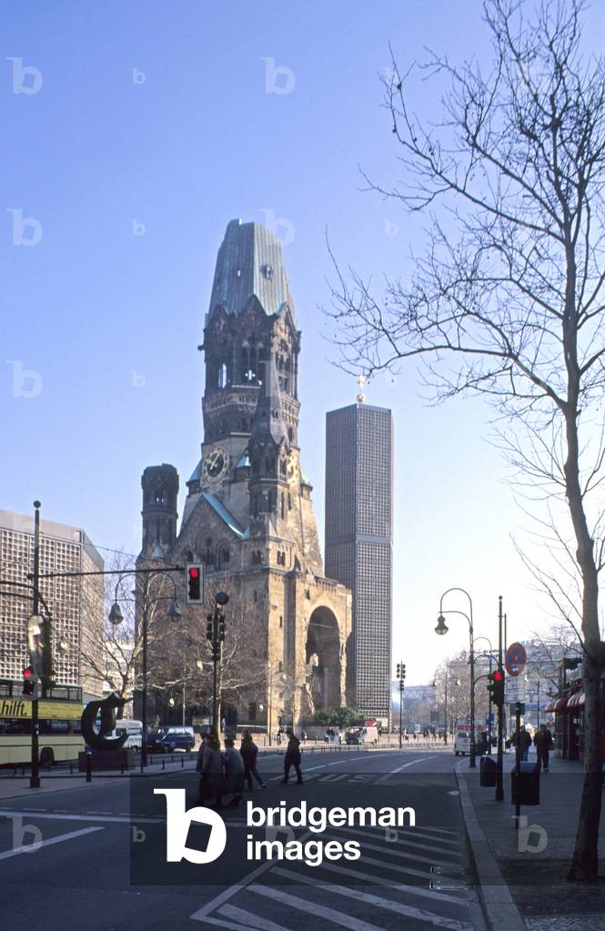 Church of Remembrance (Gedachtniskirche) in the Charlottenburg district of Berlin (Germany). Construction 1891-1895, architect Franz Schwechten (1841-1924), restoration 1963, architect Egon Eiermann (1904-1970). Photography 2003.