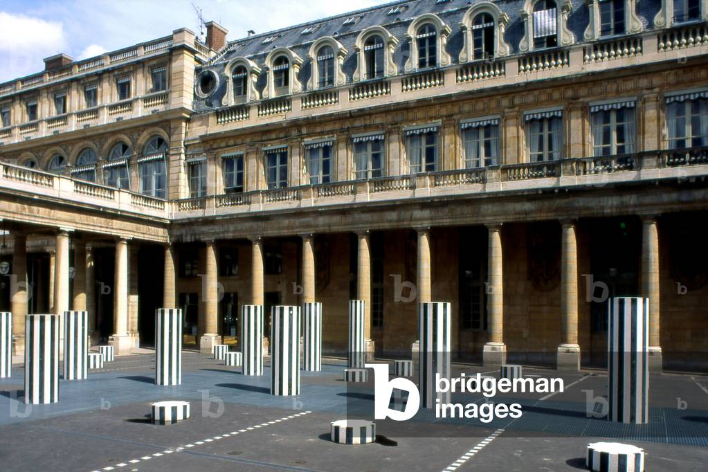 The columns of Daniel Buren, Jardins du Palais Royal, Paris. The columns that grid the court were added in 1986 following a public order from the Ministry of Culture.
