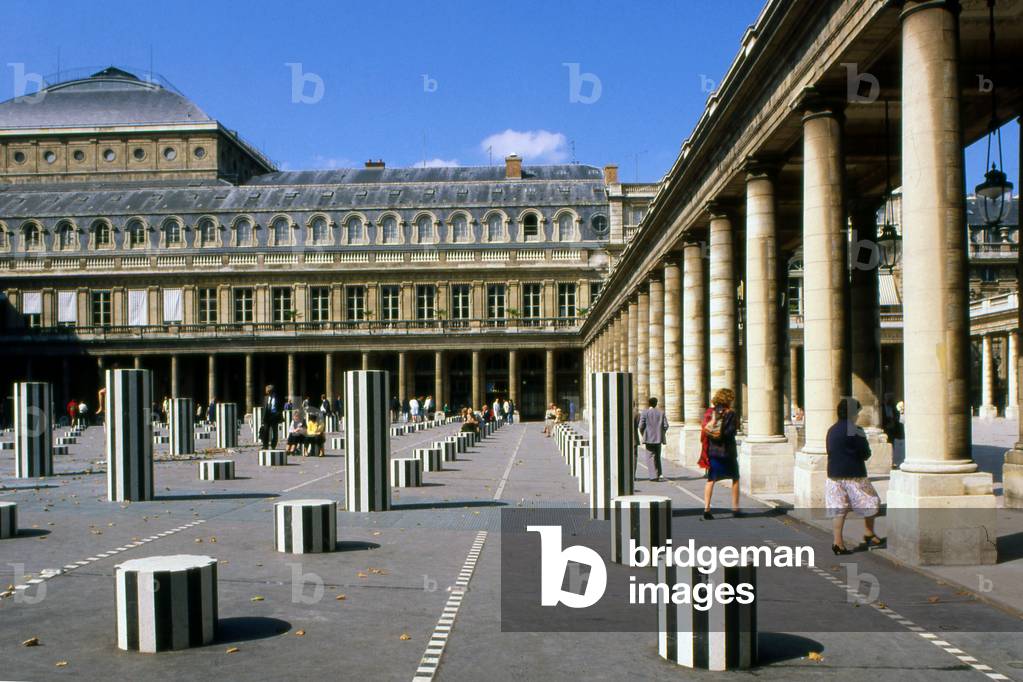 The columns of Daniel Buren, Jardins du Palais Royal, Paris. The columns that grid the court were added in 1986 following a public order from the Ministry of Culture.