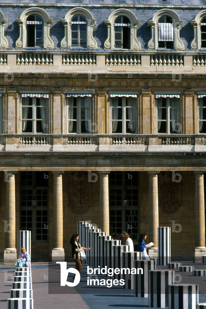 The columns of Daniel Buren, Jardins du Palais Royal, Paris. The columns that grid the court were added in 1986 following a public order from the Ministry of Culture.