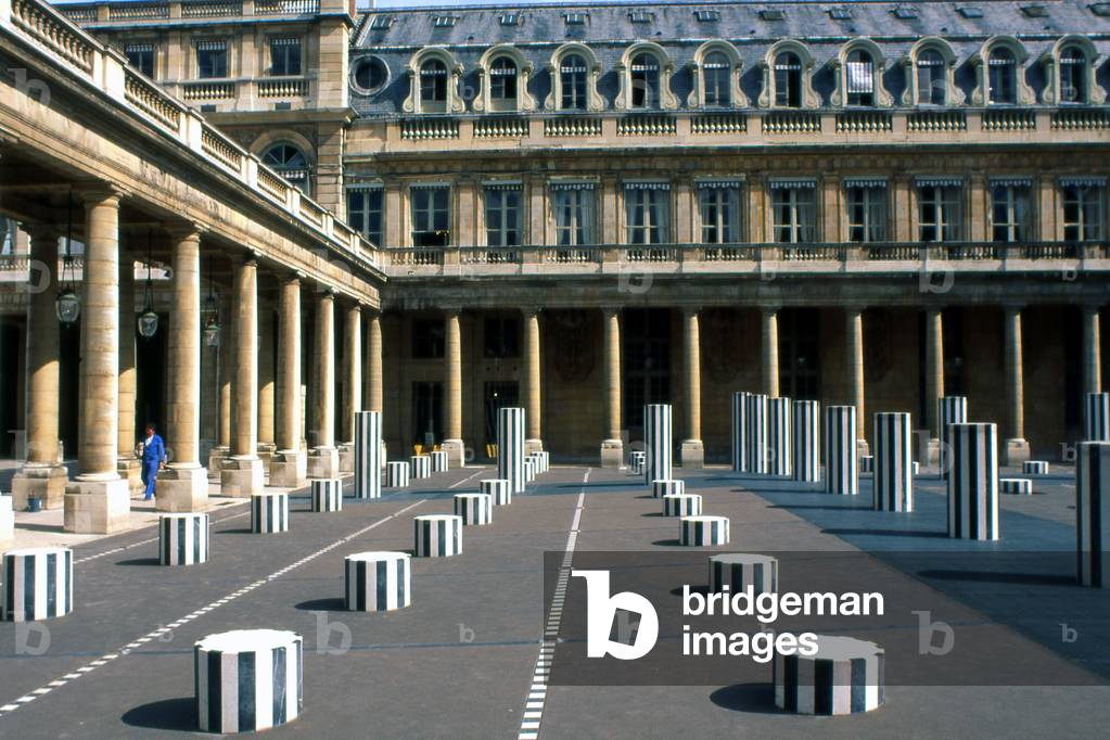 The columns of Daniel Buren, Jardins du Palais Royal, Paris. The columns that grid the court were added in 1986 following a public order from the Ministry of Culture.
