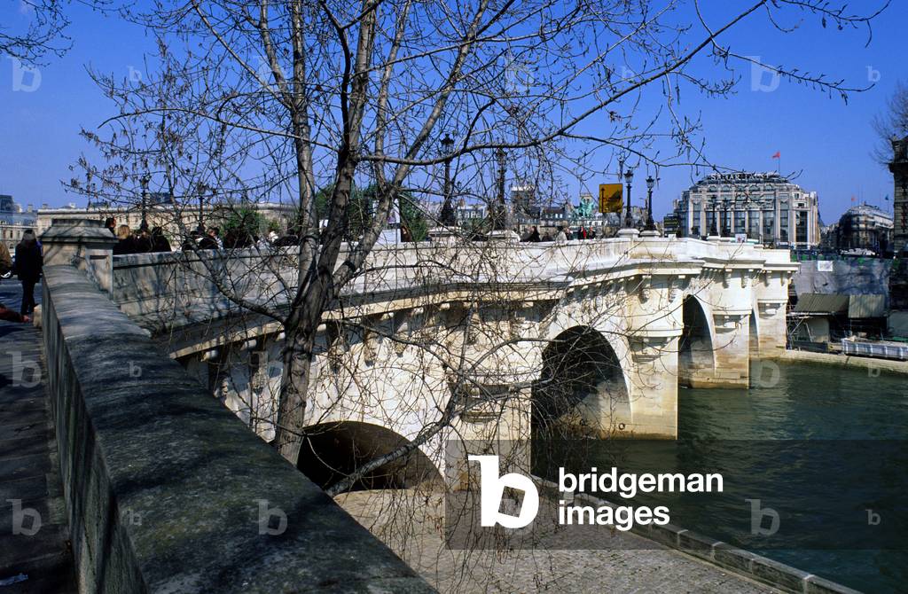 Pont Neuf, Paris. The oldest bridge in Paris. Henry III laid the first stone in 1578. Interrupted between 1588 and 1599 by civil wars, it was not inaugurated until 1607 by Henri IV. (Architect Jacques Androuet du Cerceau, realisation 1578-1604). In 1854 candelabres were installed by Victor Balard.