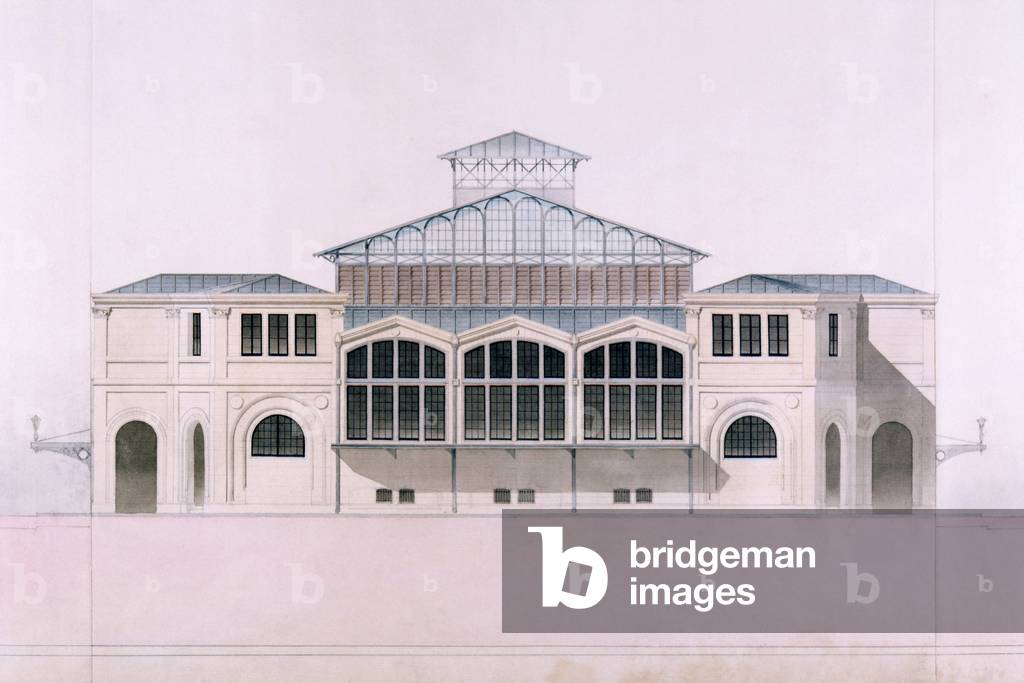 Elevation of Les Halles Centrales de Paris 75001, Construction 1873, architect Victor Balteur (1805-1874). Engraving in Monographie des Halles central de Paris, built under the regne of Napoleon III, published in 1873.