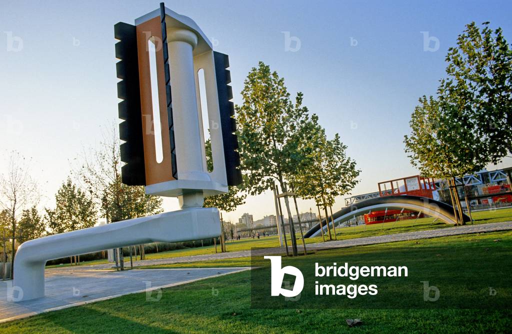 Le Parc de la Villette (1983-1985), 211 avenue Jean Jaures, Paris 19th arrondissement. One can see the sculpture “” Bicycle buried”” made by Coosje Van Bruggen (1942-2009) and Claes Oldenburg (born 1929) in 1990.