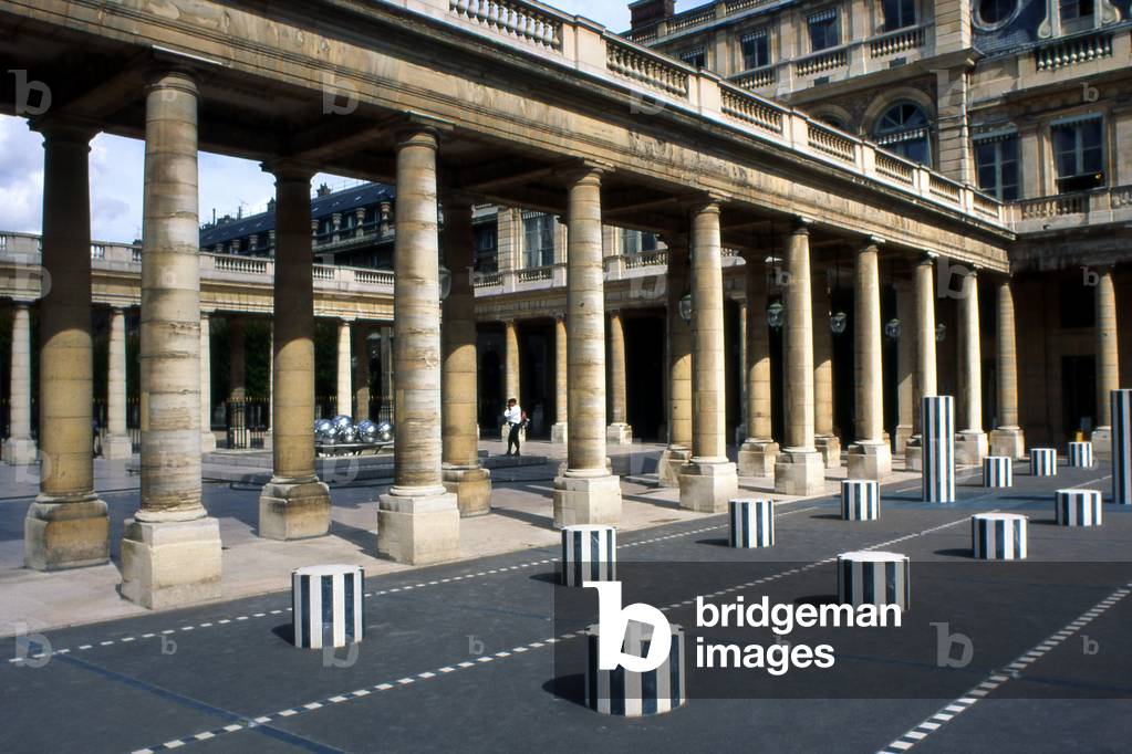 The columns of Daniel Buren, Jardins du Palais Royal, Paris. The columns that grid the court were added in 1986 following a public order from the Ministry of Culture.