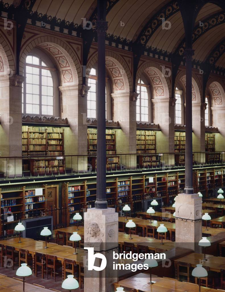 La salle de lecture de La Bibliotheque Sainte-Genevieve (Sainte Genevieve), 10 place du Pantheon, Paris 75005. Architecture by Henri Labrouste, 1845-1851.