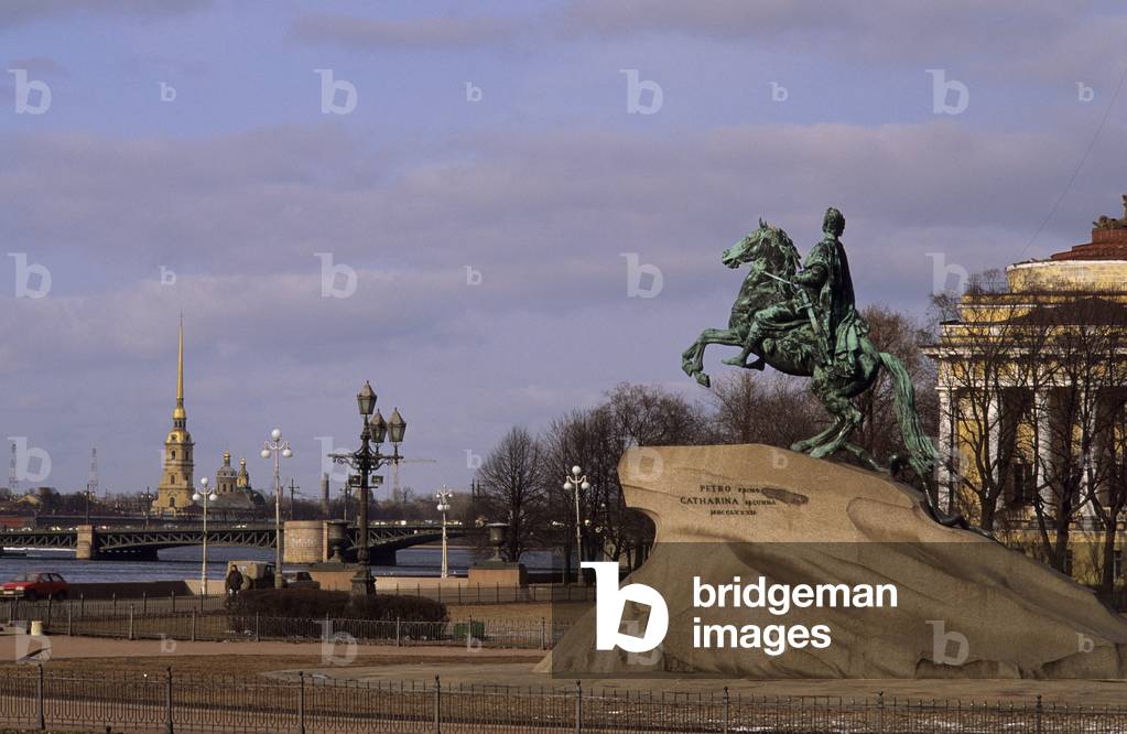 The bronze rider, Peter the Great (Peter I of Russia, 1672-1725) on Decembrist Square in St. Petersburg, Russia. Sculptor Etienne Falconet (1716-1791), 1782.