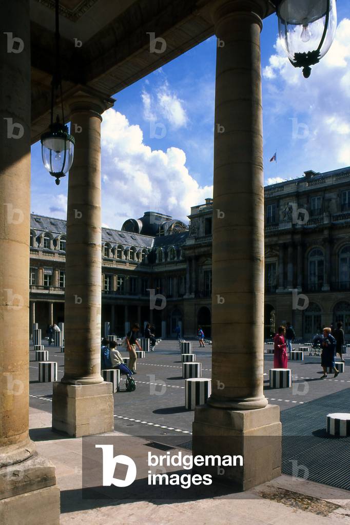 The columns of Daniel Buren, Jardins du Palais Royal, Paris. The columns that grid the court were added in 1986 following a public order from the Ministry of Culture.
