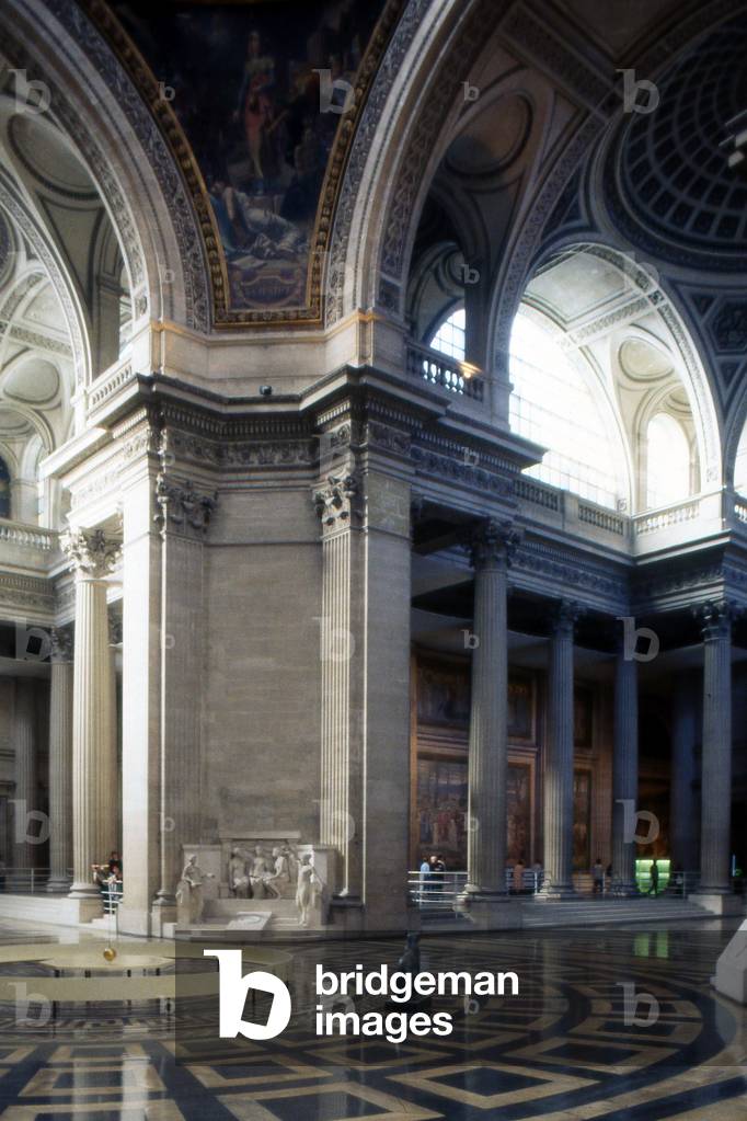 Le Pantheon (1757-1790), Paris 5e. In 1744 Louis XV, suffering from a serious illness in Metz, would wish to erect an immense church instead of the abbey of Sainte Genevieve, which was then in ruins. When the war came, he kept his word and assigned the architect Jacques Germain Soufflot the task of drawing up the plans of the monument. A great admirer of Greek Roman architecture, he imagined a gigantic building, built on a plan of Greek cross 110 metres long, 84 metres wide and 83 metres high. At the time, the project seemed so insane that many, in the court and in the salons of the capital, would question Soufflot's abilities and prevent the collapse of the monument. Louis XV confirmed his confidence in the architect and laid the foundation stone in 1764 during a grand ceremony. In 1806, the Pantheon, like all the churches in France closed during the revolution, was restored to its original name of Sainte Genevieve church. Renamed Pantheon in 1830, the building regained its vocation as a laique and patriotic temple. Headquarters to the insurgents of the Commune in 1871, during which Milliere was shot on the steps, the building was definitively transformed into a Republican monument in 1885, during the funeral of Victor Hugo.