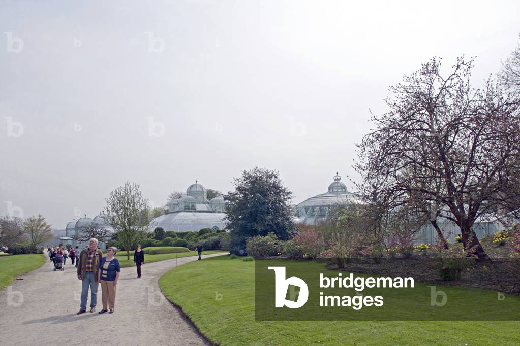 The royal greenhouses of Laeken in Belgium. Achievement 1873. In the 19th century, glass and metal, as new building materials, allowed the construction of a new type of building: the greenhouse. King Leopold II (1835-1909) entrusted the architect Alphonse Balat (1819-1895) with the construction of an ideal glass palace. Open to the public three weeks a year, the Royal Greenhouses of Laeken house an exceptional collection of plants, some dating back to Leopold II. Photography 30/04/06.