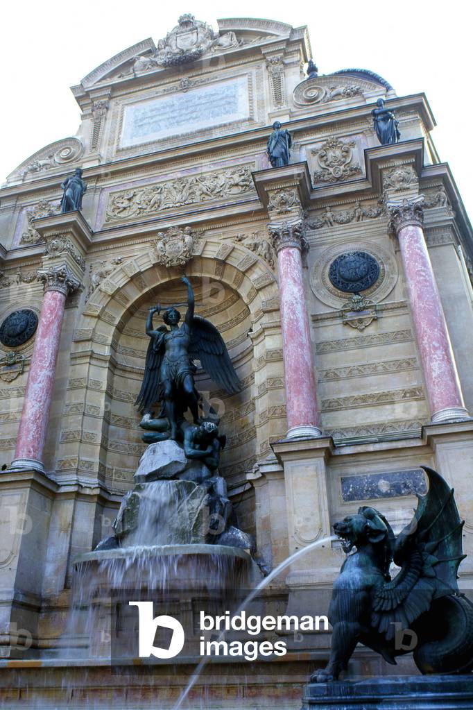 Fontaine Saint Michel, Place Saint Michel, Paris 6th arrondisement. Built between 1858-1860, by order of Baron Georges Eugene Haussmann (1809-1891) by Gabriel Davioud (1824-1881) to close the prospect of Boulevard du Palais.
