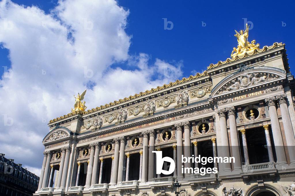 The Opera Garnier, Place de l'Opera in Paris 9th. Architect Charles Garnier (1825-1898), construction 1862-1875. The Opera or the National Academy of Music and Dance represents the best architectural expression of the Napoleon III style, eclectic, baroque, overload.